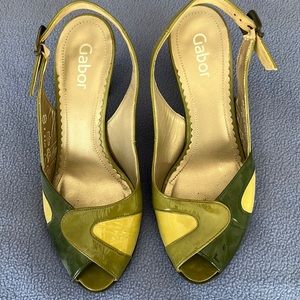 Gabor Green leather pumps.  Open toe.  Non slip soles.  3 shades of green.